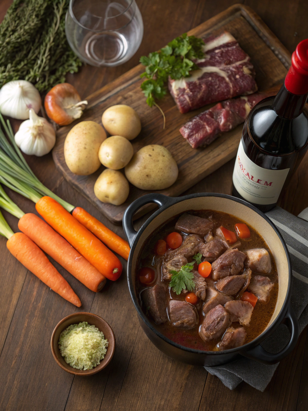 Veal shank stew and wine ingredients