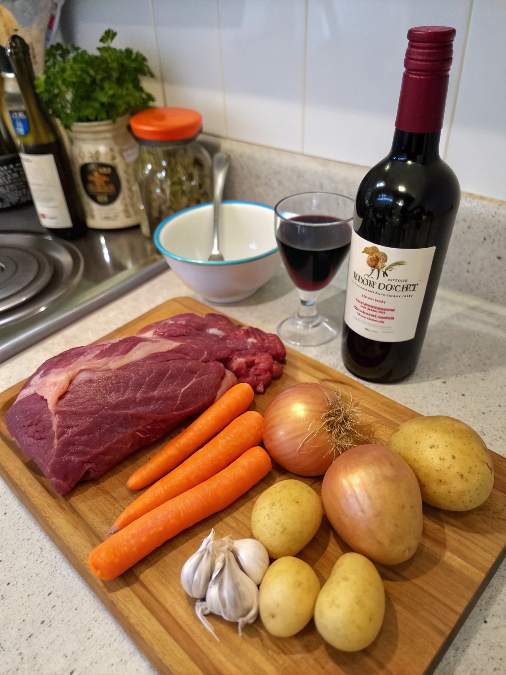 Wild boar stew and wine ingredients